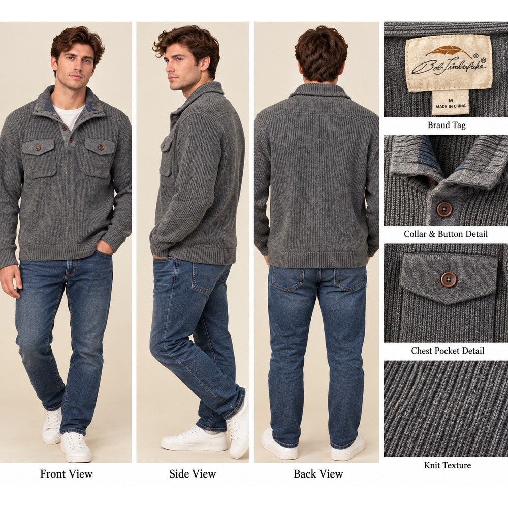 Bob Timberlake Ribbed Sweater Mens Medium Gray Americana Workwear Mock Neck Knit